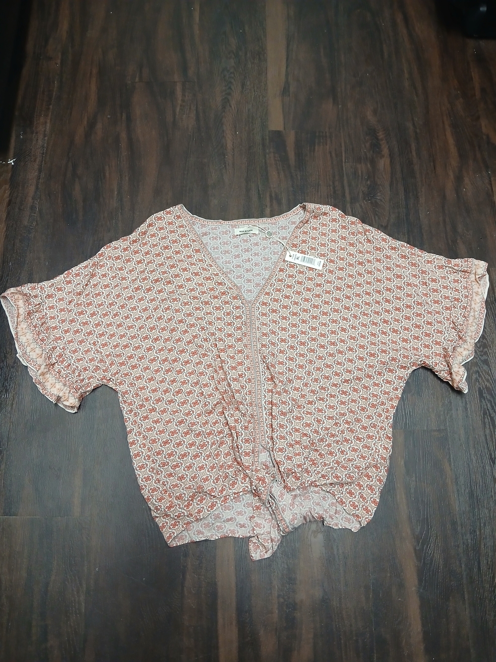 Max Studio Coral and Cream Geometric Floral V-Neck Blouse